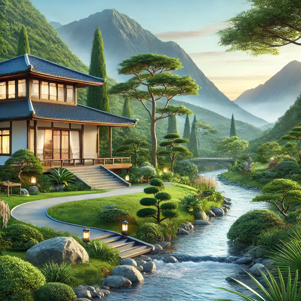 A balanced home with mountains water and greenery showing ideal Feng Shui locations
