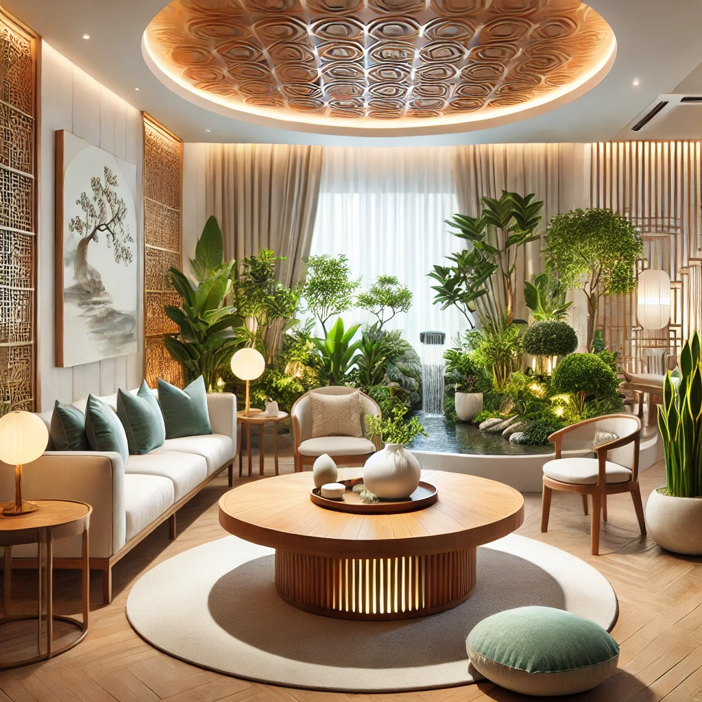 A beautifully arranged living room designed for Feng Shui harmony The space includes a round wooden table soft ambient lighting lush green plants A beautifully arranged living room designed for Feng Shui harmony The space includes a round wooden table soft ambient lighting lush green plants