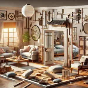 A home interior with bad Feng Shui elements The scene includes cluttered spaces blocked doors broken mirrors sharp corners pointing towards seatin A home interior with bad Feng Shui elements The scene includes cluttered spaces blocked doors broken mirrors sharp corners pointing towards seating.