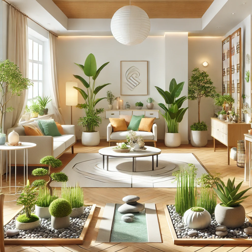 A well arranged room with proper Feng Shui elements (plants colors flowing energy